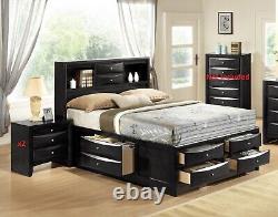 Contemporary Style 3Pc King Size Bed and Nightstand Set Black Finish