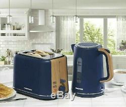 Daewoo Stockholm 2 Slice Toaster & Cordless Kettle Set Matte Blue & Wood Finish