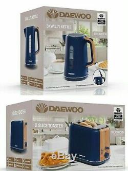 Daewoo Stockholm 2 Slice Toaster & Cordless Kettle Set Matte Blue & Wood Finish