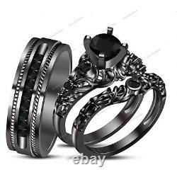 Diamond 14K Black Gold Finish Trio His Her Engagement Wedding Bridal Ring Set