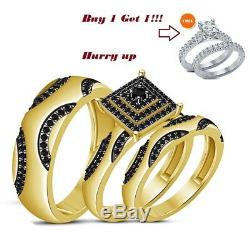 Diamond His & Her Wedding 14K Yellow Gold Finish Trio Band Engagement Ring Set