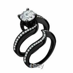 Diamond Solitaire Bridal Set Engagement Ring Wedding Band 14K Black Gold Finish