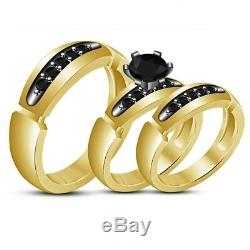 Diamond Trio Set His Her Matching Engagement Wedding Ring 14K Yellow Gold Finish
