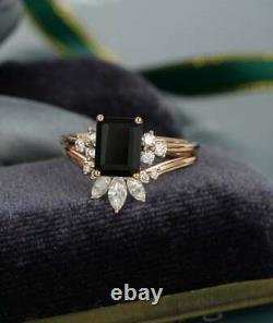 Fancy 3Ct Emerald Cut Black Diamond Engagement Ring Set 14K Yellow Gold Finish
