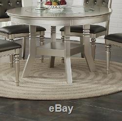 Formal Tufted Silver Finish Chairs 5pc Dining Set Round Table w Glass Insert Top