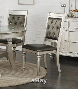 Formal Tufted Silver Finish Chairs 5pc Dining Set Round Table w Glass Insert Top