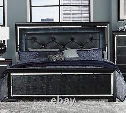 Glamorous 6pc Bedroom Set Black Finish Queen LED Bed Nightstands Dresser Chest