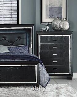 Glamorous 6pc King Bedroom Set Black Finish LED Bed Nightstands Dresser Chest