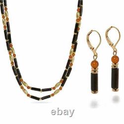 Gold Finish Egyptian Cleopatra Carnelian Black Onyx Double Strand Necklace Set