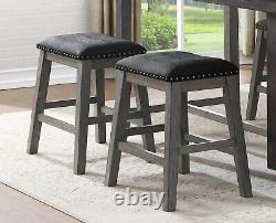 Gray Finish Set of 2 Counter Height Barstool Black Faux Leather Seat Nailhead