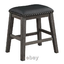 Gray Finish Set of 2 Counter Height Barstool Black Faux Leather Seat Nailhead