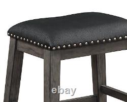 Gray Finish Set of 2 Counter Height Barstool Black Faux Leather Seat Nailhead