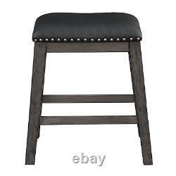 Gray Finish Set of 2 Counter Height Barstool Black Faux Leather Seat Nailhead