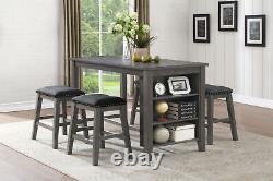 Gray Finish Set of 2 Counter Height Barstool Black Faux Leather Seat Nailhead