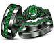 Green Emerald Trio Bridal Wedding His & Her Ring Band Set 14k Black Gold Finish