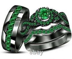 Green Emerald Trio Bridal Wedding His & Her Ring Band Set 14K Black Gold Finish