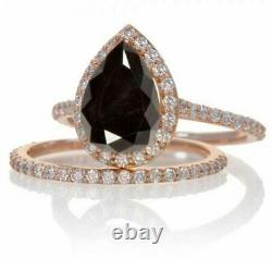 Halo Black Pear Cut Diamond Engagement 925 Silver Ring Set 14k Rose Gold Finish