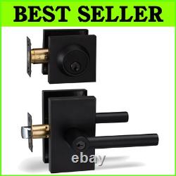Heavy Duty Iron Entry Lever Door Handle & Deadbolt Lock Set Iron Black Finish
