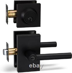 Heavy Duty Iron Entry Lever Door Handle & Deadbolt Lock Set Iron Black Finish