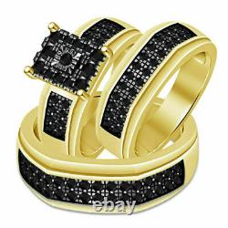 His/ Her Diamond Engagement Bridal Wedding Trio Ring Set 14K Yellow Gold Finish