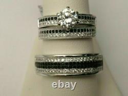 His & Her Engagement Trio Ring Set Black & White Diamond 14K White Gold Finish