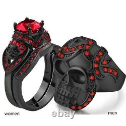 His Her Trio Couple Skull Rings Wedding Set Red Garnet 14K Black Gold Finish