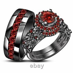 His & Her Trio Wedding Ring Set 2CT Round-Cut Red Garnet 14k Black Gold Finish