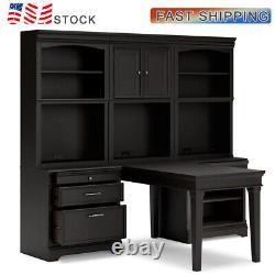 Home Office Bookcase Desk Set Vintage black finish solid hardwood LED light New