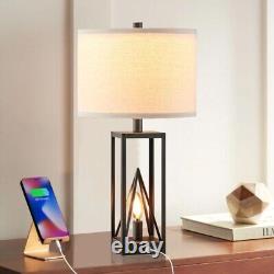 KAWOTI Farmhouse Table Lamps with USB 23.5'' Black Finish Set of 2