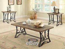 Keelin 3 Piece Occasional Living Room Table Set in Oak & Antique Black Finish