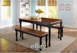 Kitchen Dining Set Farmhouse Table 2 Benches and 2 Chairs Black & Oak Finish