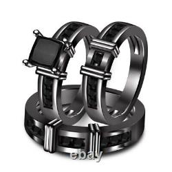 Lab Created Black Diamond Engagement Trio Unisex Ring Set 14k Black Gold Finish
