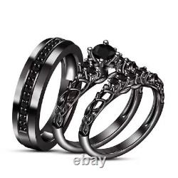 Lab-Created Black Diamond His & Hers Wedding Trio Ring Set 14k Black Gold Finish