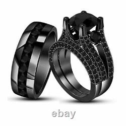 Lab-Created Diamond Wedding 14K Black Gold Finish Trio His Her Ring Set 3 Ct