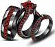 Lab-created Red Garnet His & Hers Wedding Ring Trio Set In 14k Black Gold Finish