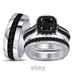 Lab Created Trio Set Black Diamond Wedding Ring 14k White Gold Over