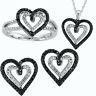 Ladies White Gold Finish Black/white Diamond Heart Ring Earrings Pendant Set
