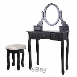Makeup Dressing Table Black Finish Wood Vanity Set with Stool and Oval Mirror