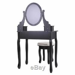 Makeup Dressing Table Black Finish Wood Vanity Set with Stool and Oval Mirror
