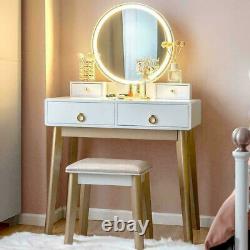 Makeup Vanity Jewelry Dressing Table Set Led Round Mirror Stool Desk with Drawer