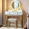 Makeup Vanity Jewelry Dressing Table Set Led Round Mirror Stool Desk With Drawer