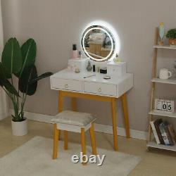 Makeup Vanity Jewelry Dressing Table Set Led Round Mirror Stool Desk with Drawer