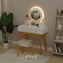 Makeup Vanity Jewelry Dressing Table Set Led Round Mirror Stool Desk with Drawer