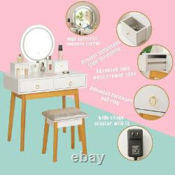 Makeup Vanity Jewelry Dressing Table Set Led Round Mirror Stool Desk with Drawer