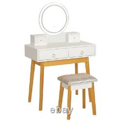 Makeup Vanity Jewelry Dressing Table Set Led Round Mirror Stool Desk with Drawer