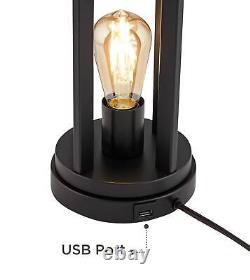 Marcel Black Finish Burlap Linen Shade LED USB Table Lamps Set of 2