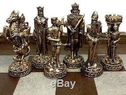Medieval Times Knight PEWTER METAL CHESS Set Antique Finish W CASTLE BOARD 17