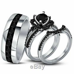 Men's Ladies 14K White Gold Finish Black Diamond Bridal Engagement Ring Trio Set
