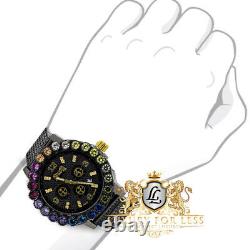 Men's Prong Set Steel Rainbow Multi Black Gold Finish Simulated Diamond XL Watch