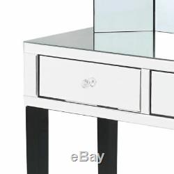 Mirrored Finish 2 pc Vanity Set Table Black Stool Makeup Storage Desk Bedroom